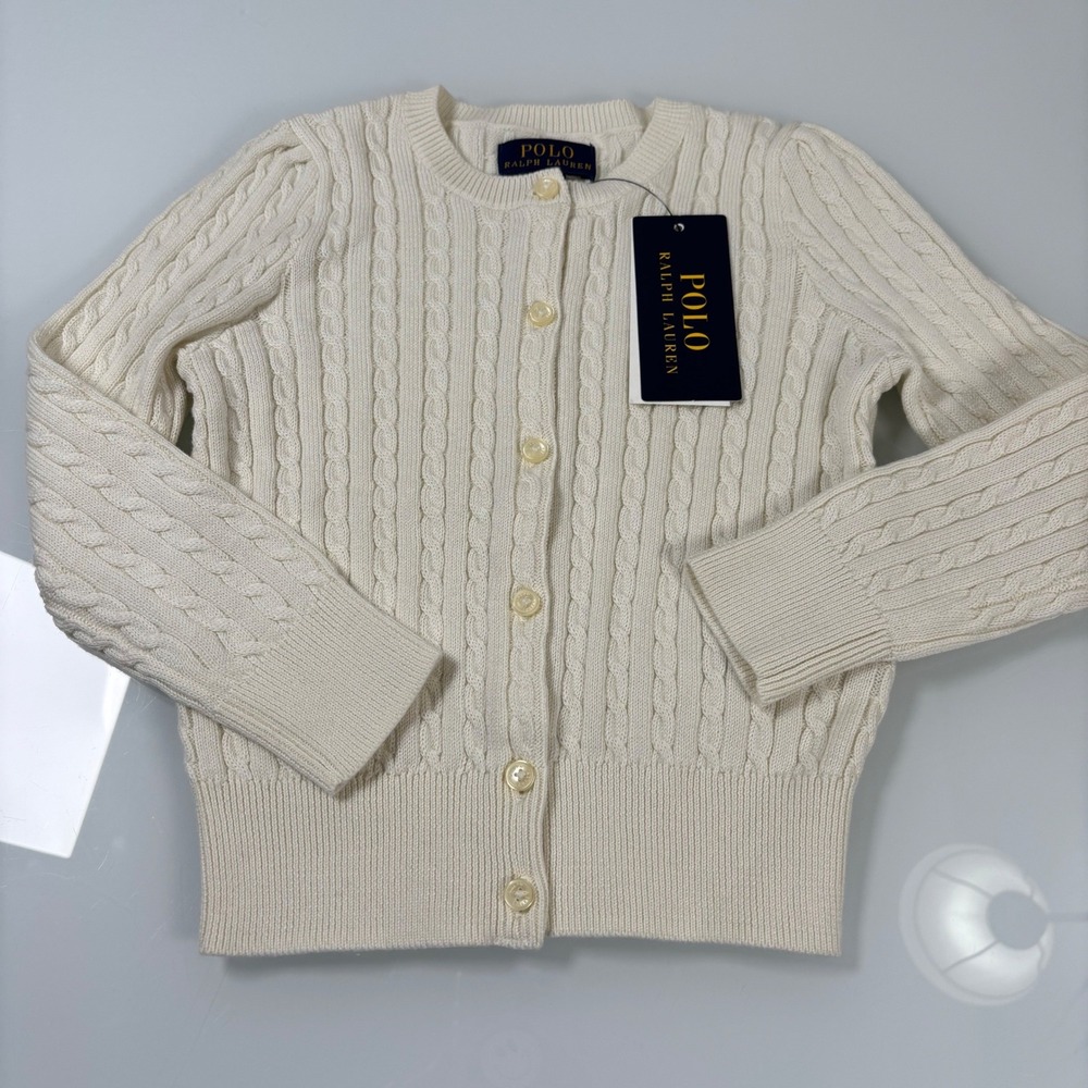 Polo Ralph Lauren Girls 3 White Mini-Cable Cotton Cardigan NEW Cable Knit Button